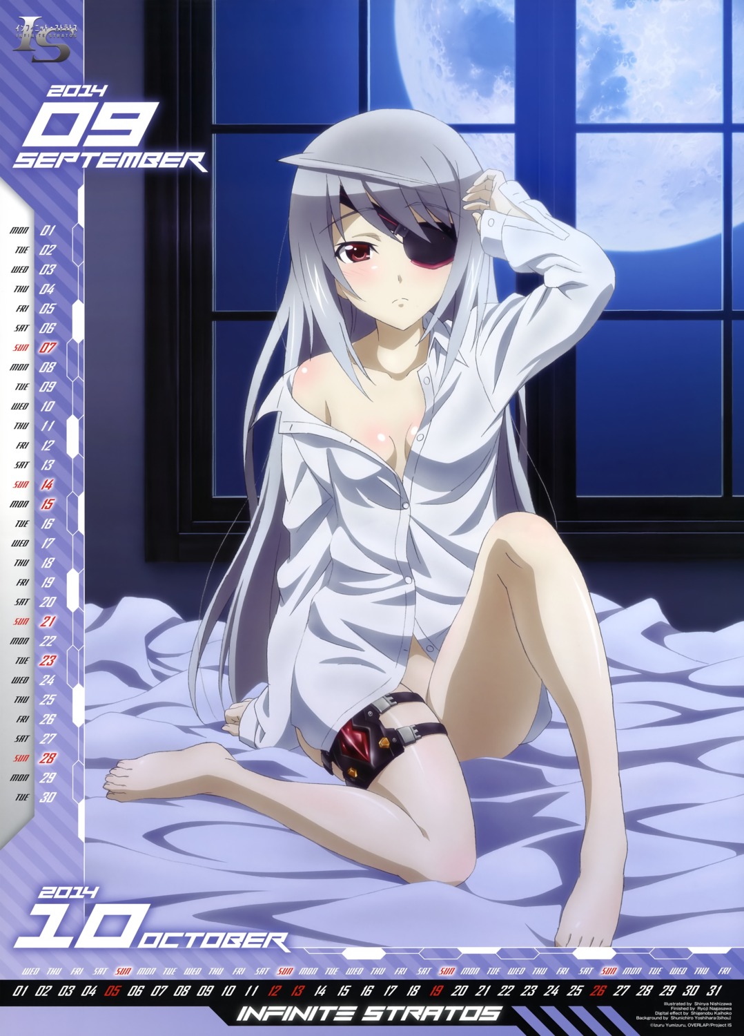 bottomless calendar cleavage dress_shirt eyepatch infinite_stratos laura_bodewig nishizawa_shinya no_bra