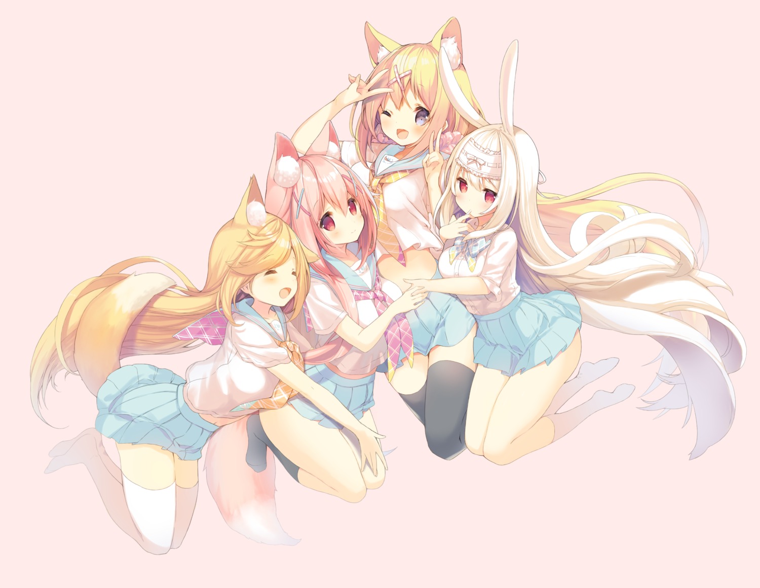 amamiya_aki amamiya_mei animal_ears bunny_ears cynthia_riddle p19 seifuku sylvie_milia_leclerc tail thighhighs