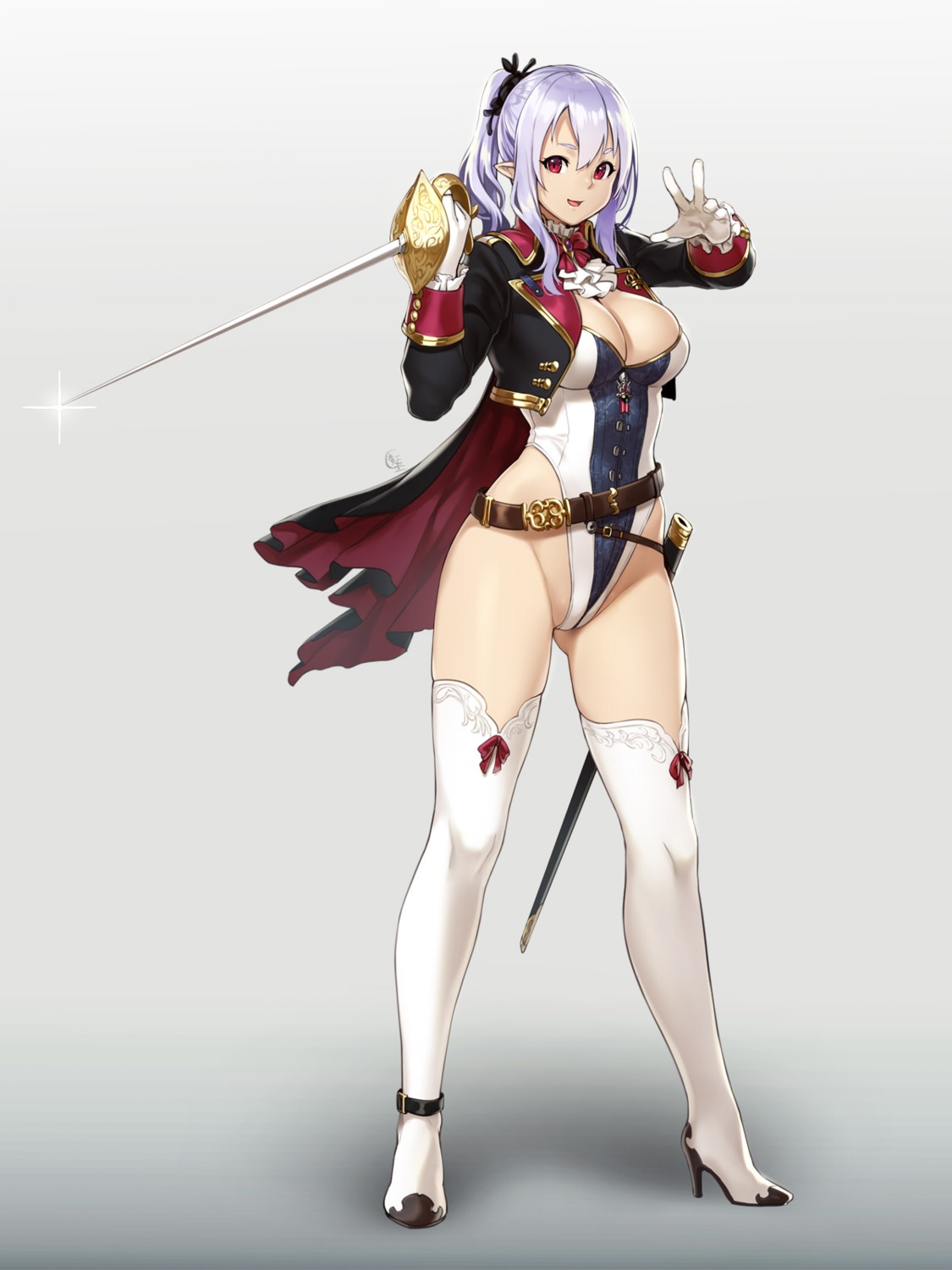 cleavage heels houtengeki leotard open_shirt pointy_ears sword thighhighs