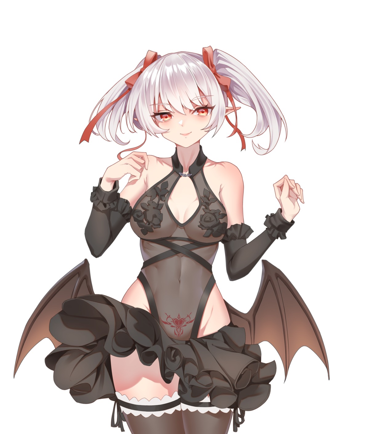 aluo_7762 leotard no_bra pointy_ears see_through skirt_lift tattoo thighhighs wings