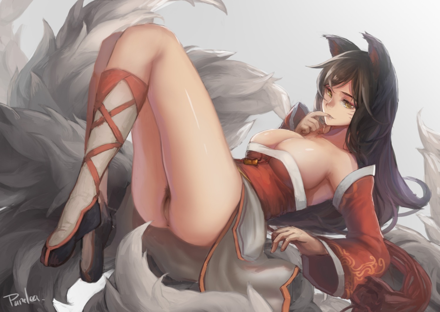 ahri animal_ears ass cleavage kitsune league_of_legends pubic_hair pussy sky_of_morika tail uncensored