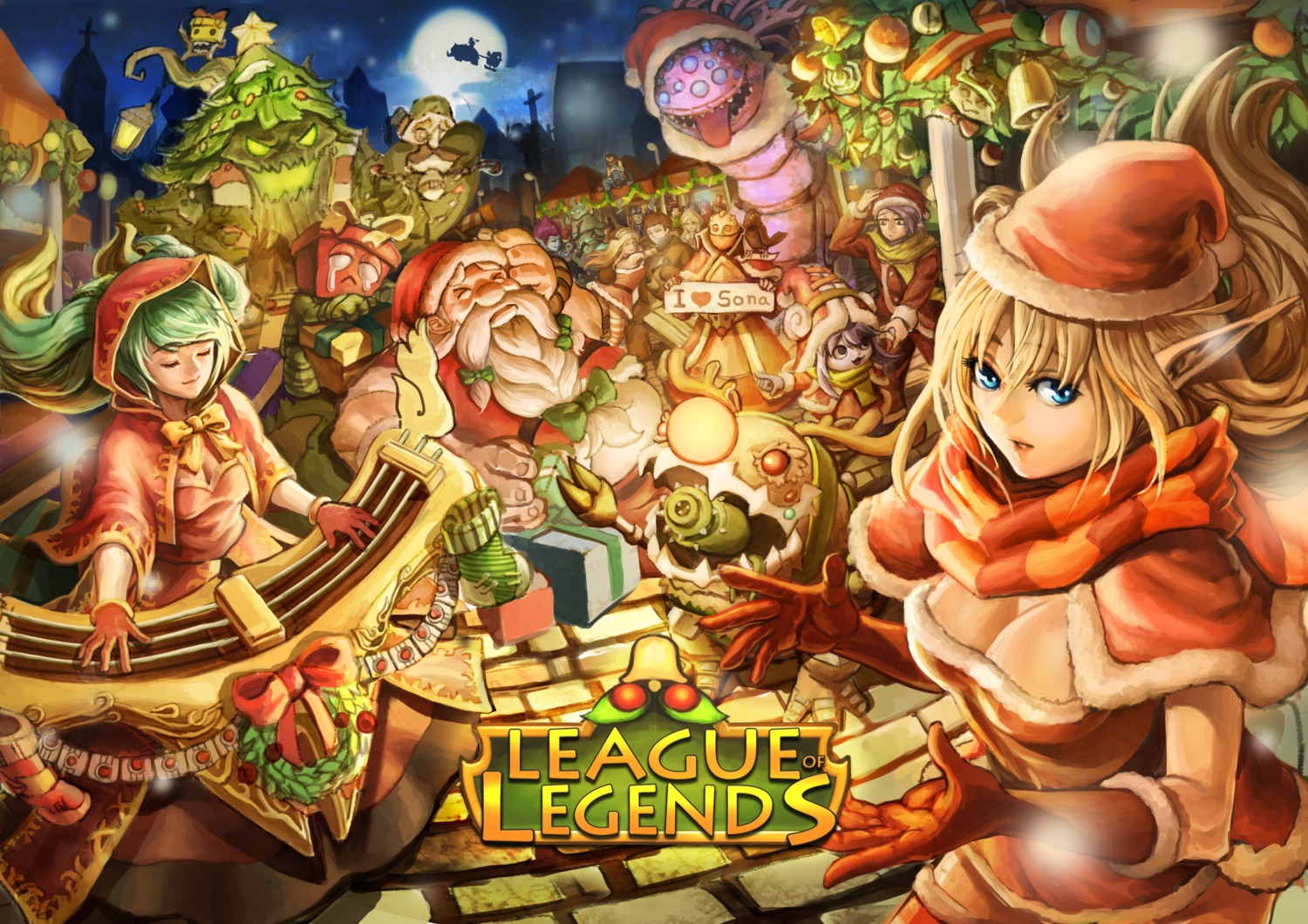 amumu caitlyn christmas cleavage elf elise_(league_of_legends) evelynn garen_crownguard gragas hecarim_(league_of_legends) janna_windforce karma_(league_of_legends) karthus_(league_of_legends) katarina_du_couteau kog'maw league_of_legends lulu_(league_of_legends) luxanna_crownguard maokai oz_(artist) pointy_ears sona_buvelle swain teemo vi_(league_of_legends)