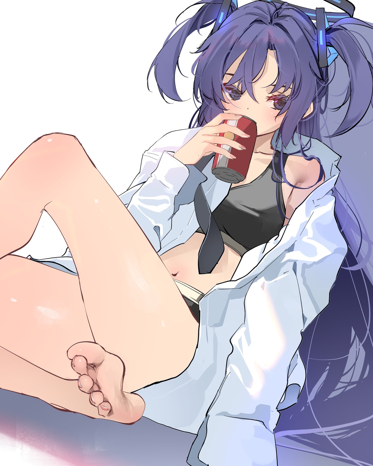 blue_archive bra dress_shirt feet halo hayase_yuuka open_shirt pantsu sydus