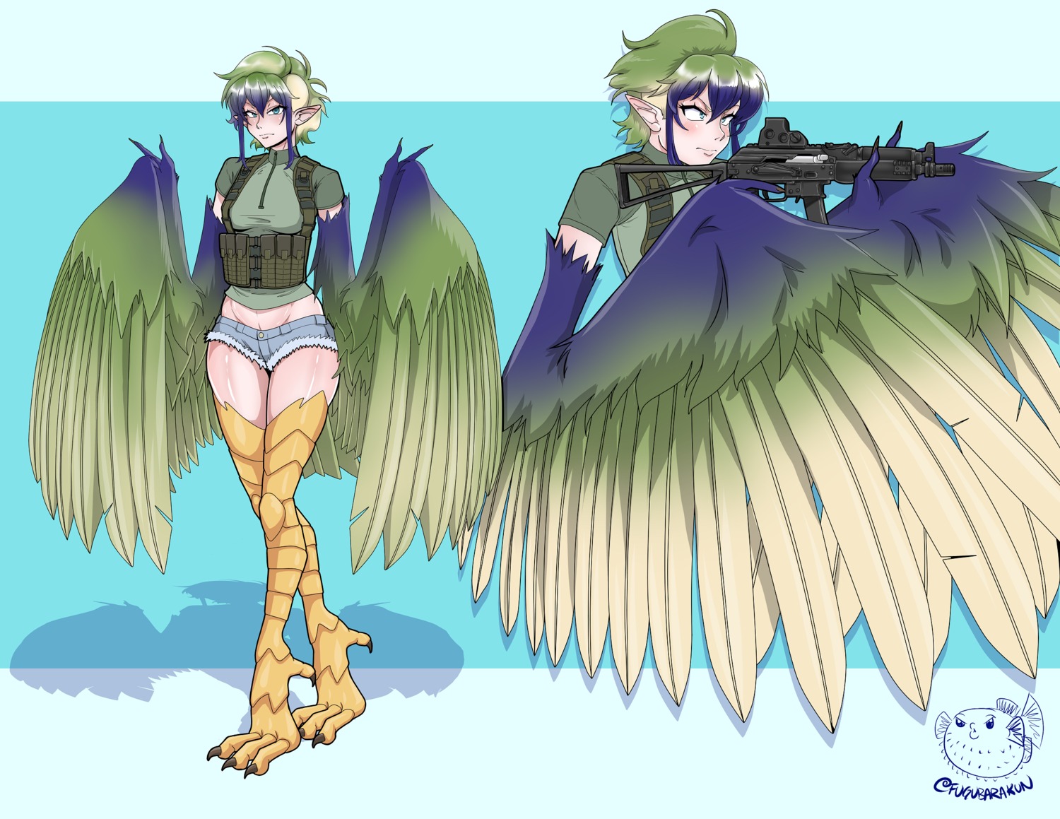 fugubarakun gun monster_girl pointy_ears wings