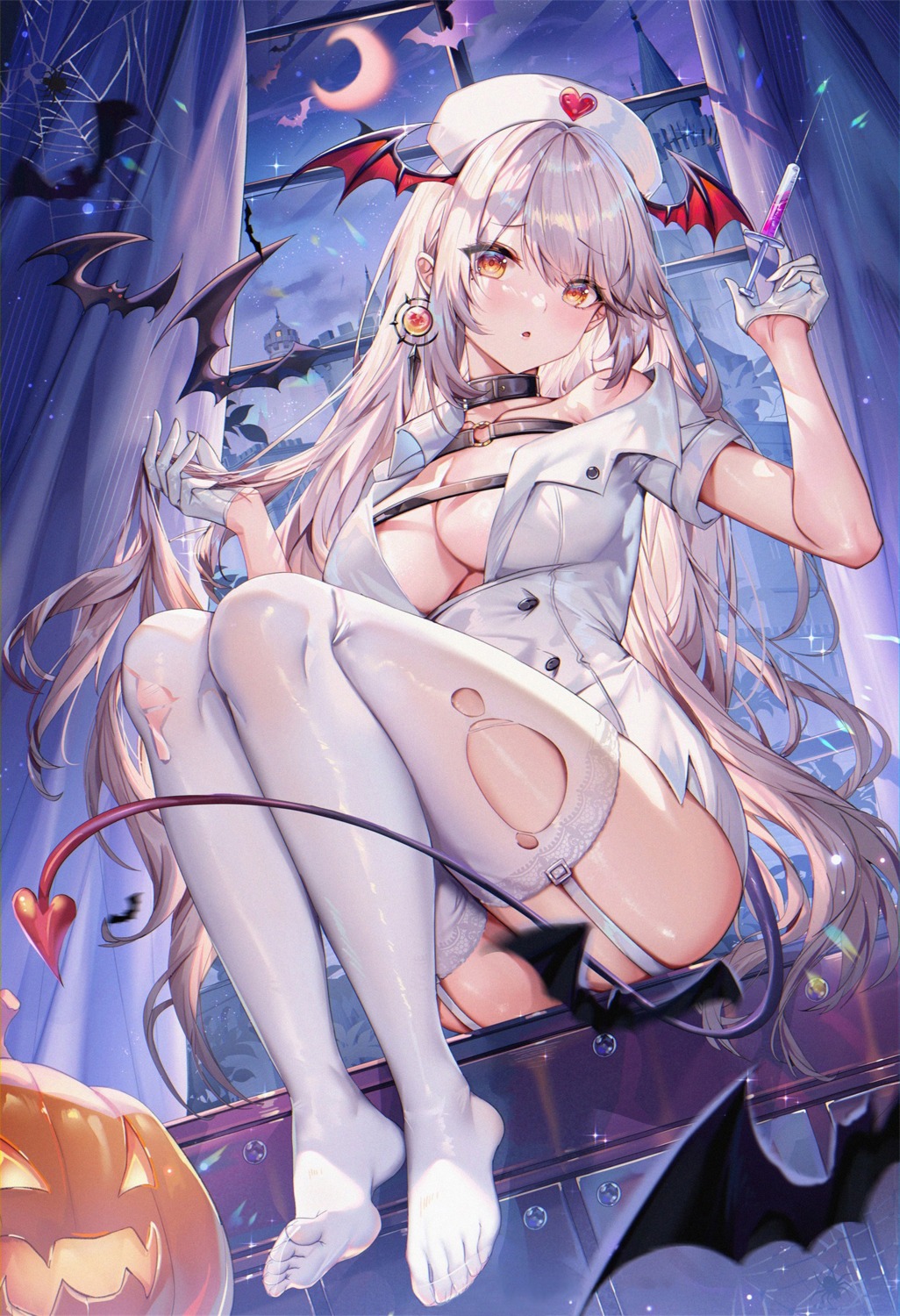 detexted feet halloween jpeg_artifacts no_bra nurse open_shirt shanguier skirt_lift stockings tail thighhighs torn_clothes wings