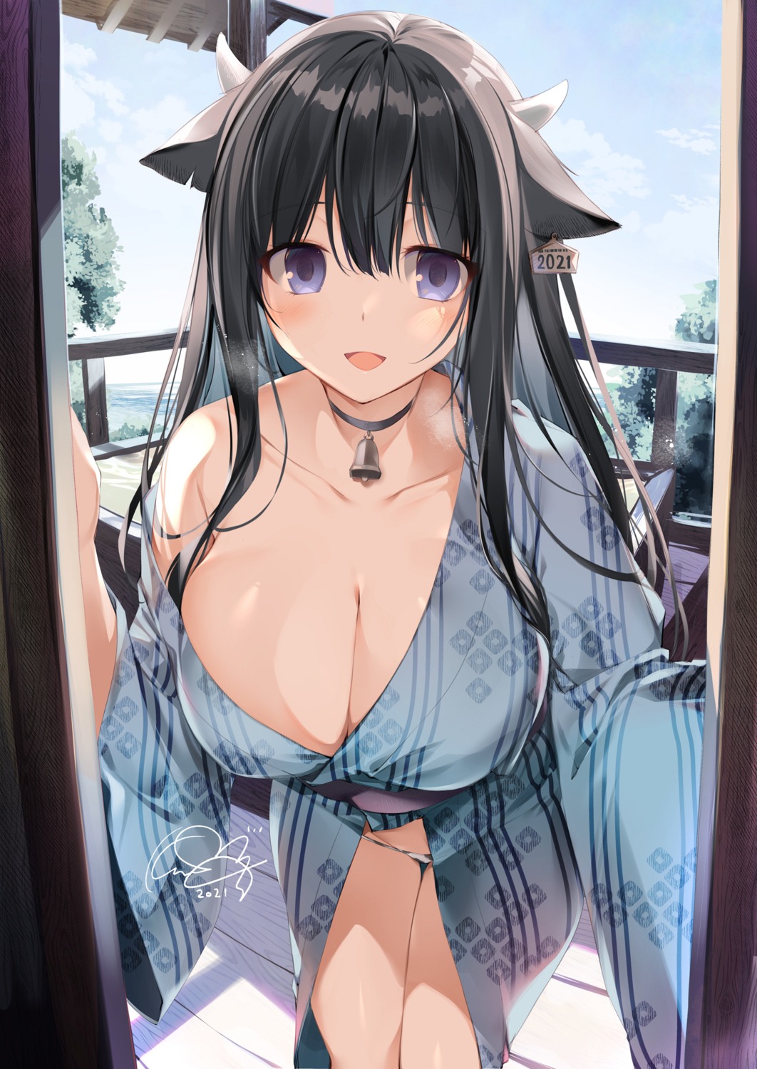 animal_ears horns karory no_bra open_shirt pantsu yukata