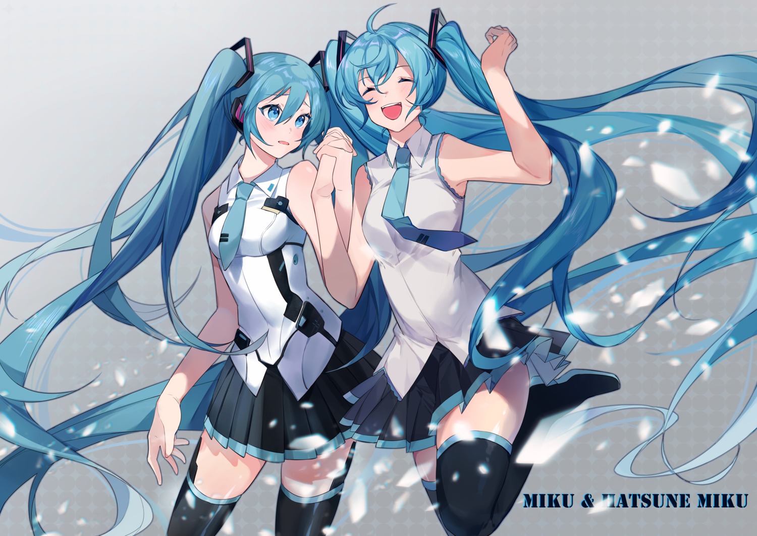 frame_arms_girl hatsune_miku headphones skirt_lift thighhighs vocaloid yayako_(804907150) yuri