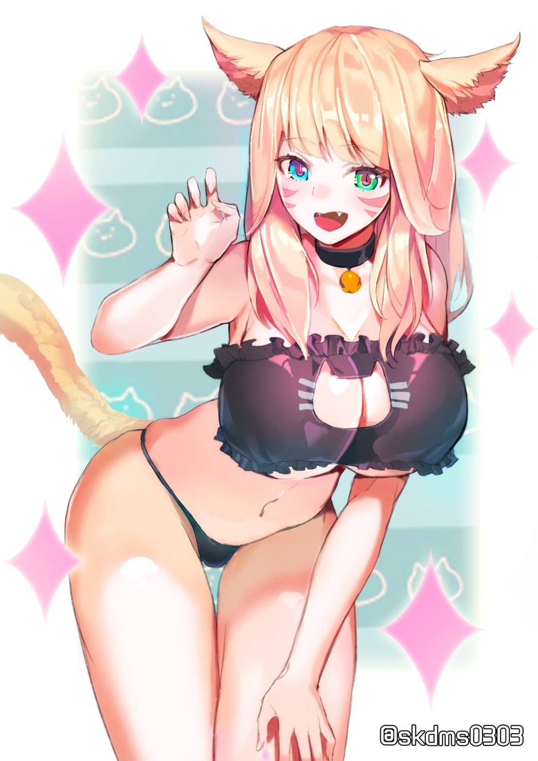 animal_ears bra cleavage final_fantasy final_fantasy_xiv heterochromia j_na official_watermark pantsu tail underboob