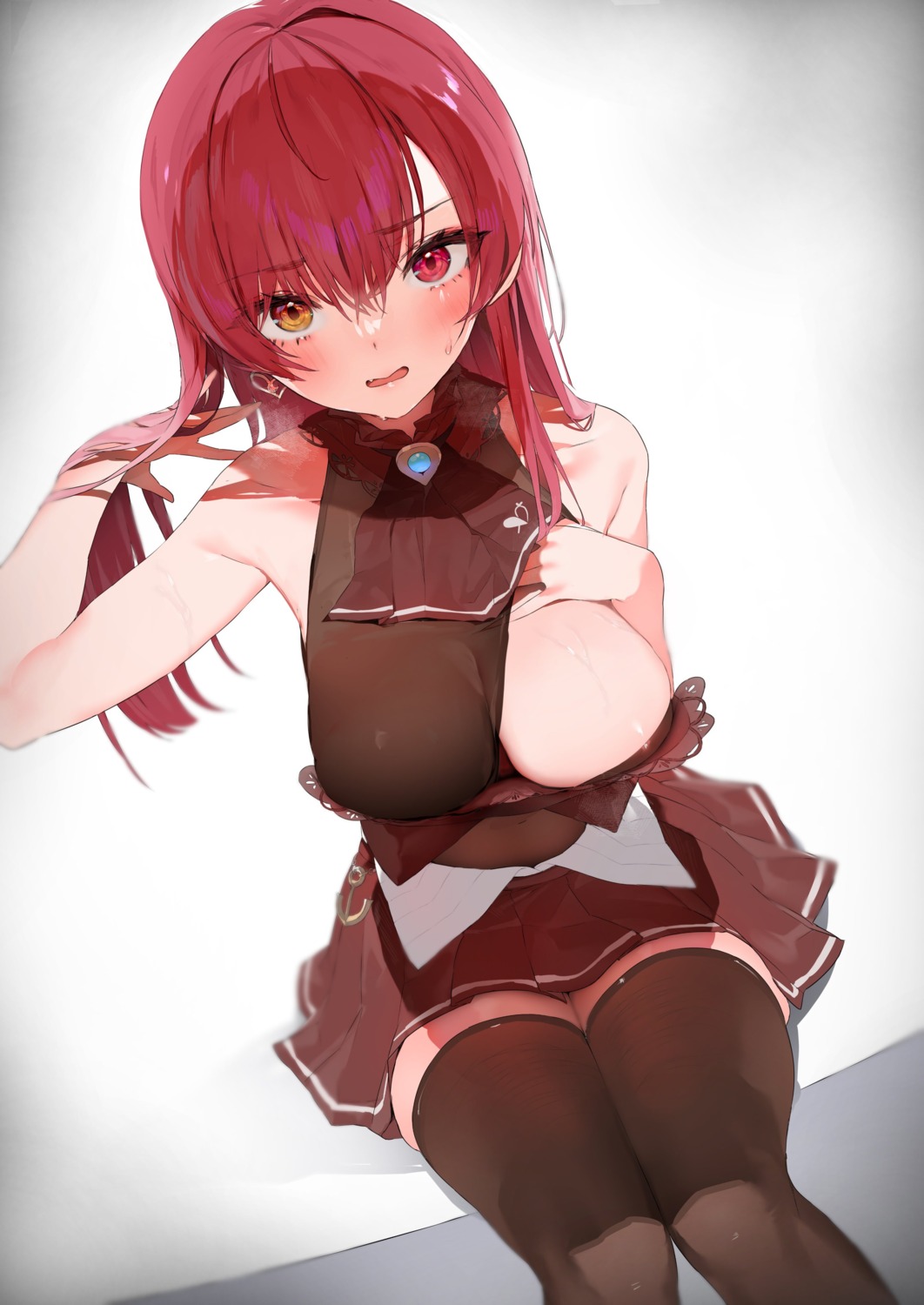 heterochromia hololive houshou_marine no_bra pomesaurus see_through thighhighs