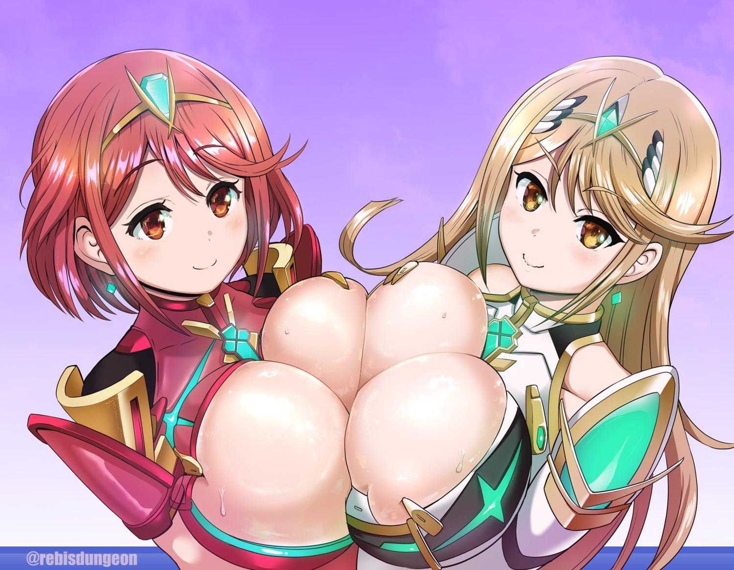 bodysuit breast_hold breasts hikari_(xenoblade_2) homura_(xenoblade_2) no_bra open_shirt rebis symmetrical_docking xenoblade xenoblade_chronicles_2