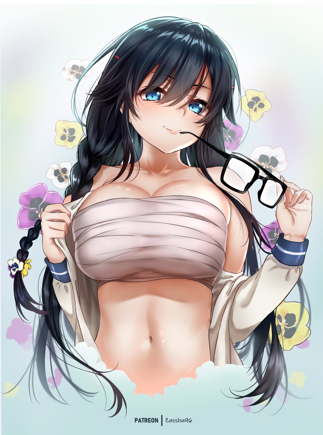 cleavage megane open_shirt ore_wo_suki_nano_wa_omae_dake_ka_yo sanshokuin_sumireko sarashi seifuku undressing zasshu