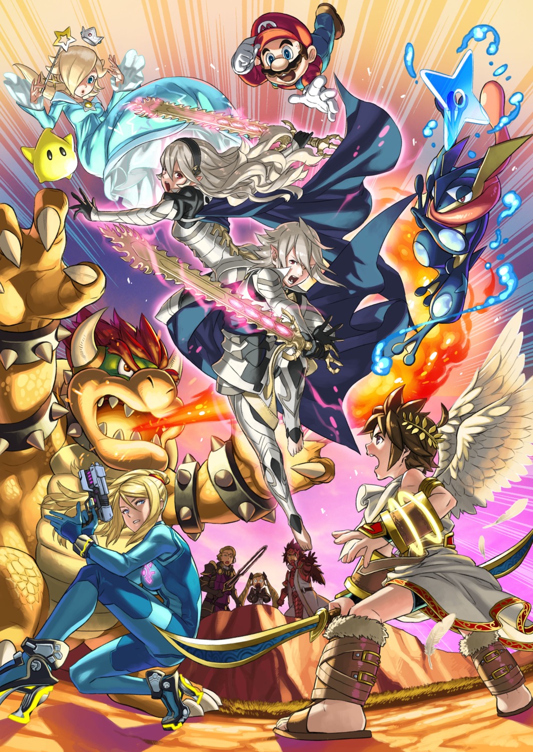 armor bodysuit bowser crossover dress elis_(fire_emblem) fire_emblem greninja gun heels kamui_(fire_emblem) kozaki_yuusuke mario mario_bros. nintendo pit pointy_ears pokemon rosalina ryoma_(fire_emblem) samus_aran super_smash_bros. sword weapon wings xander_(fire_emblem)