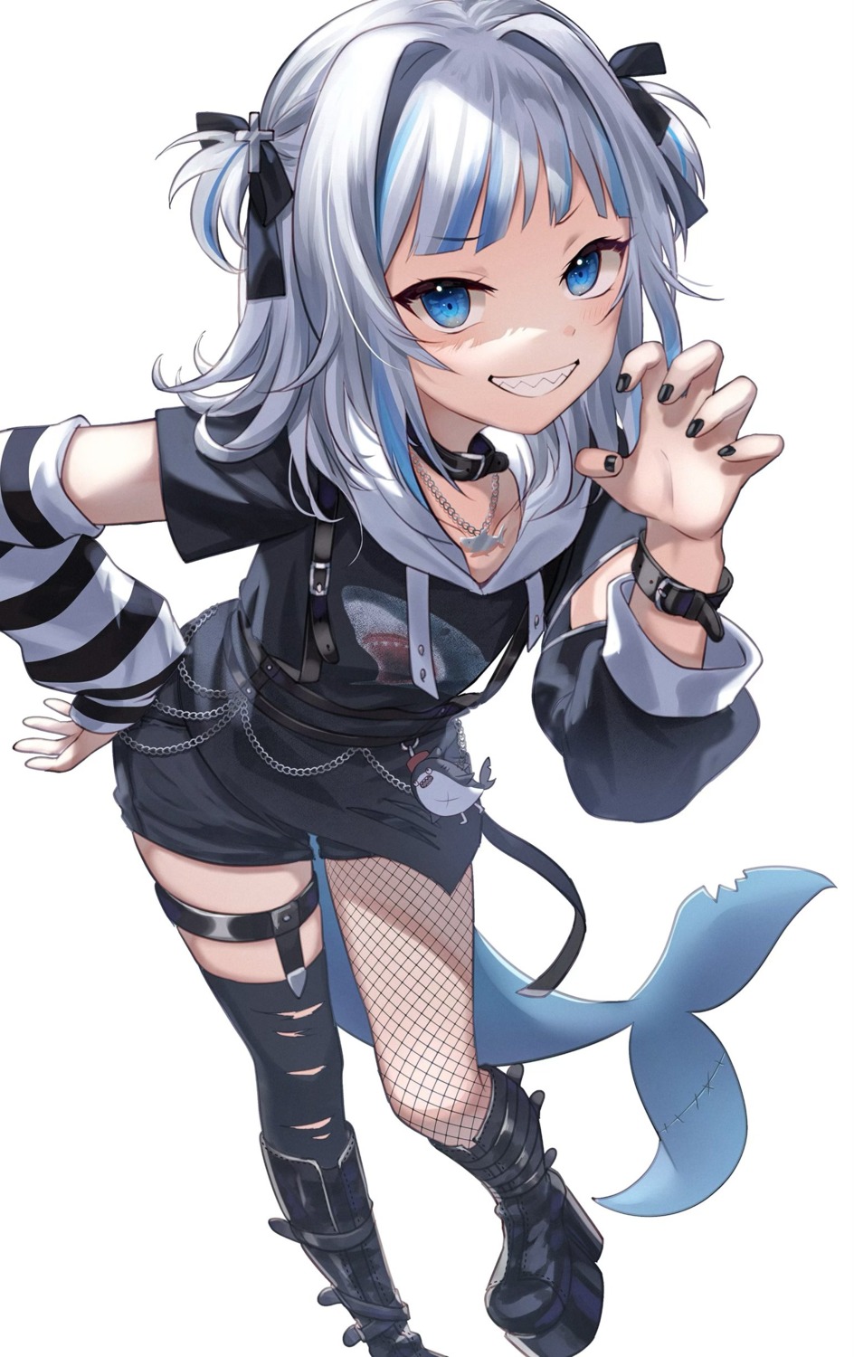 eto_sister fishnets garter gawr_gura hololive hololive_english stockings tail thighhighs torn_clothes