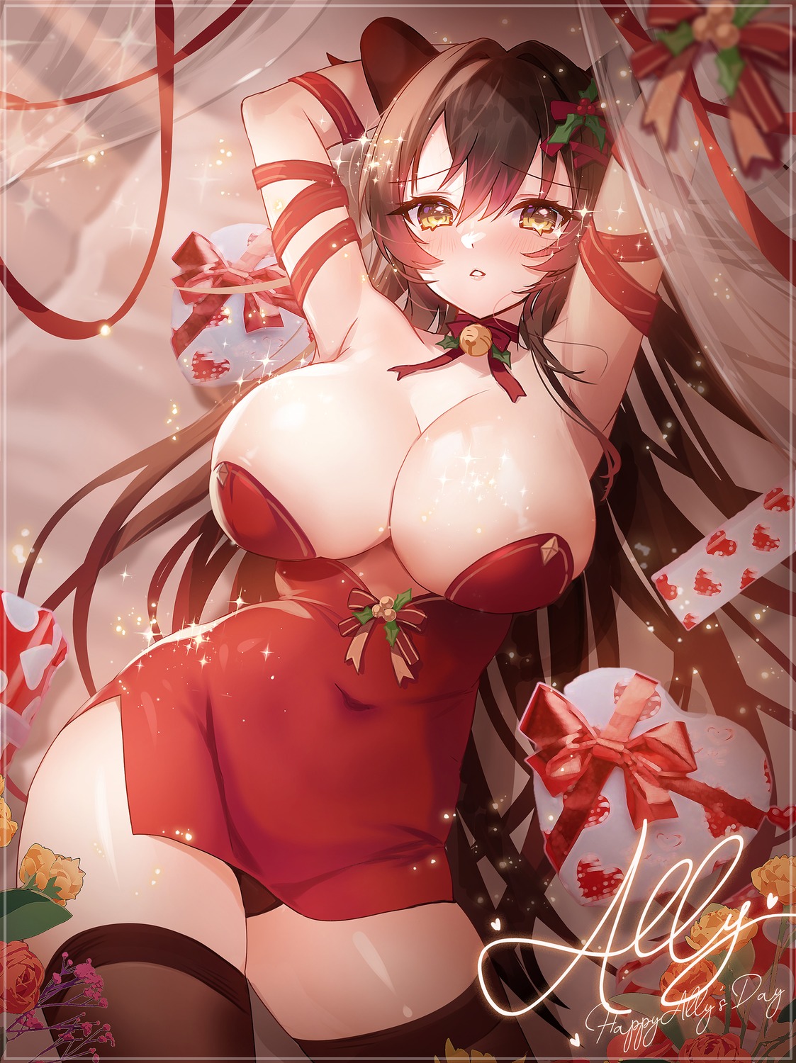 animal_ears apple_caramel christmas dress no_bra pantsu skirt_lift thighhighs