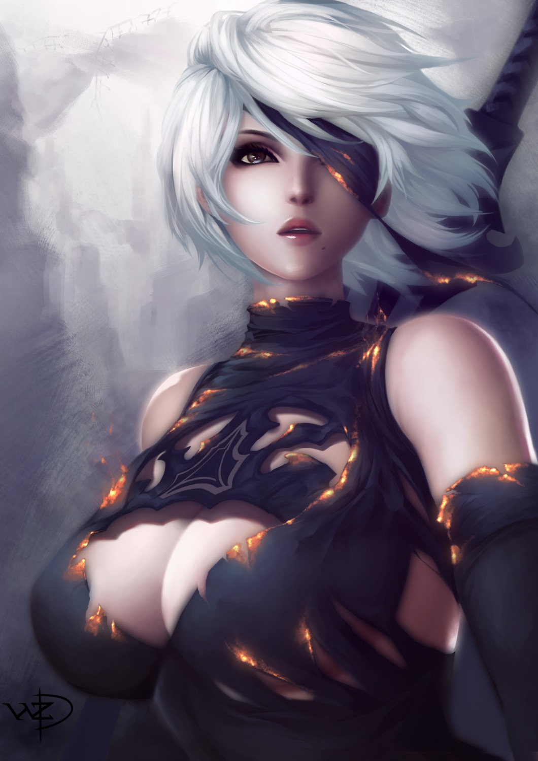 cleavage eyepatch nier_automata sword torn_clothes yorha_no.2_type_b z:d