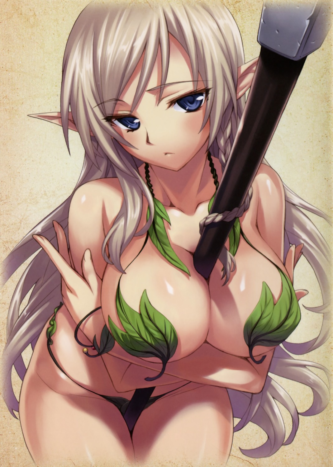 alleyne bikini breast_hold cleavage elf matsuryuu pointy_ears queen's_blade swimsuits weapon