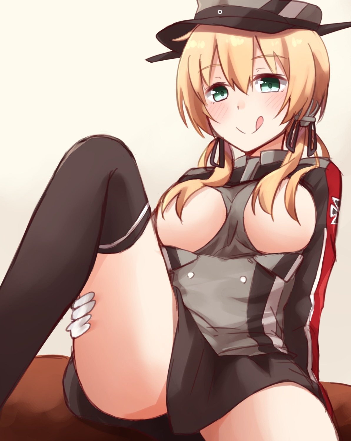 breasts kantai_collection kapatarou no_bra prinz_eugen_(kancolle) thighhighs uniform