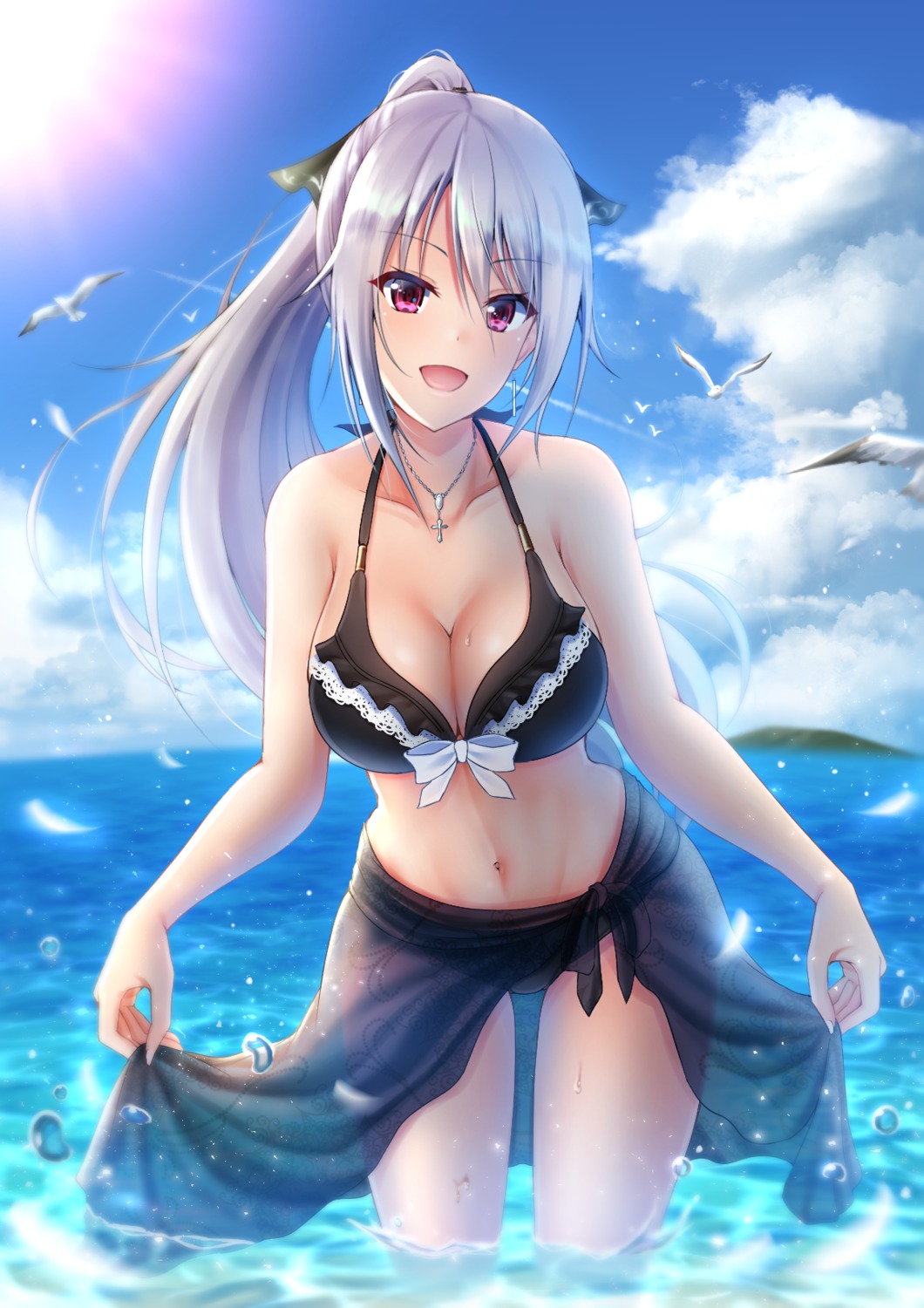 bikini cleavage denpa_(denpae29) see_through skirt_lift swimsuits wet