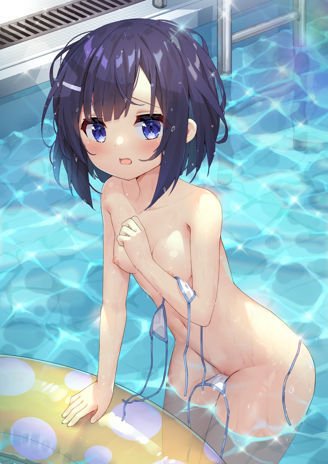 bathing bikini breast_hold fuiba_fuyu gochuumon_wa_usagi_desu_ka? loli nipples panty_pull swimsuits taku_michi topless wardrobe_malfunction wet