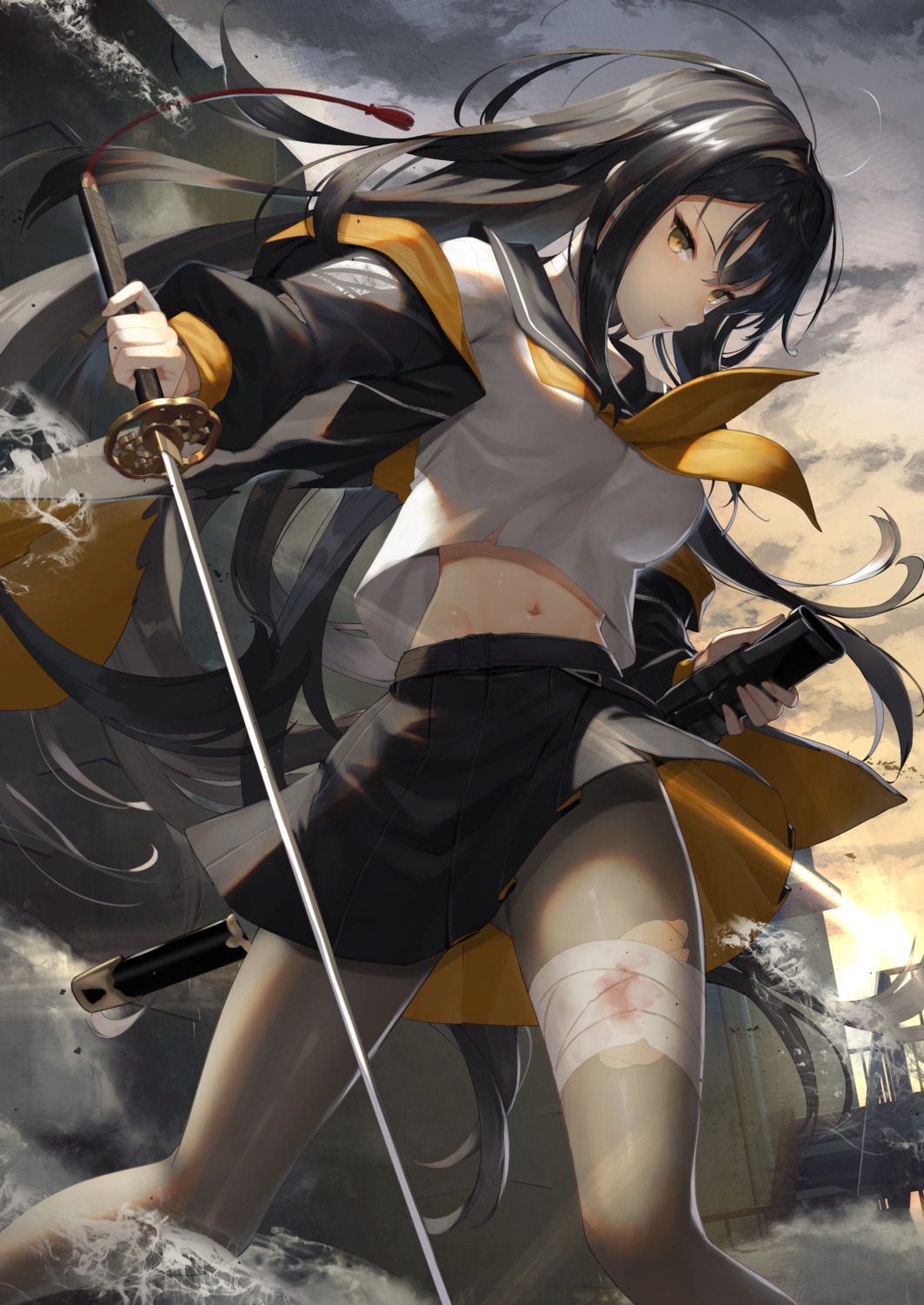 bandages blood pantyhose scottie seifuku skirt_lift sword torn_clothes