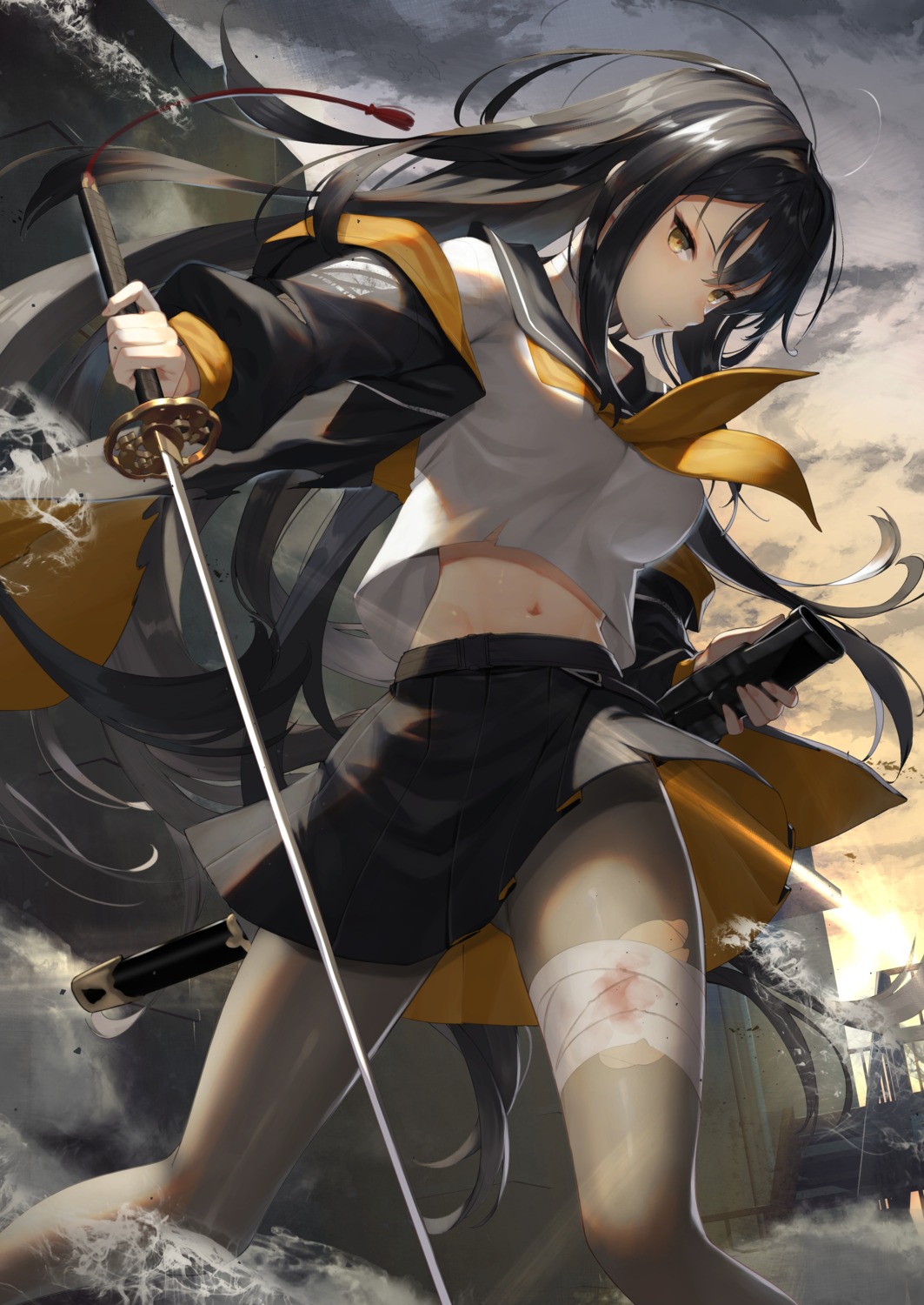 bandages blood pantyhose seifuku skirt_lift sukocchi sword torn_clothes