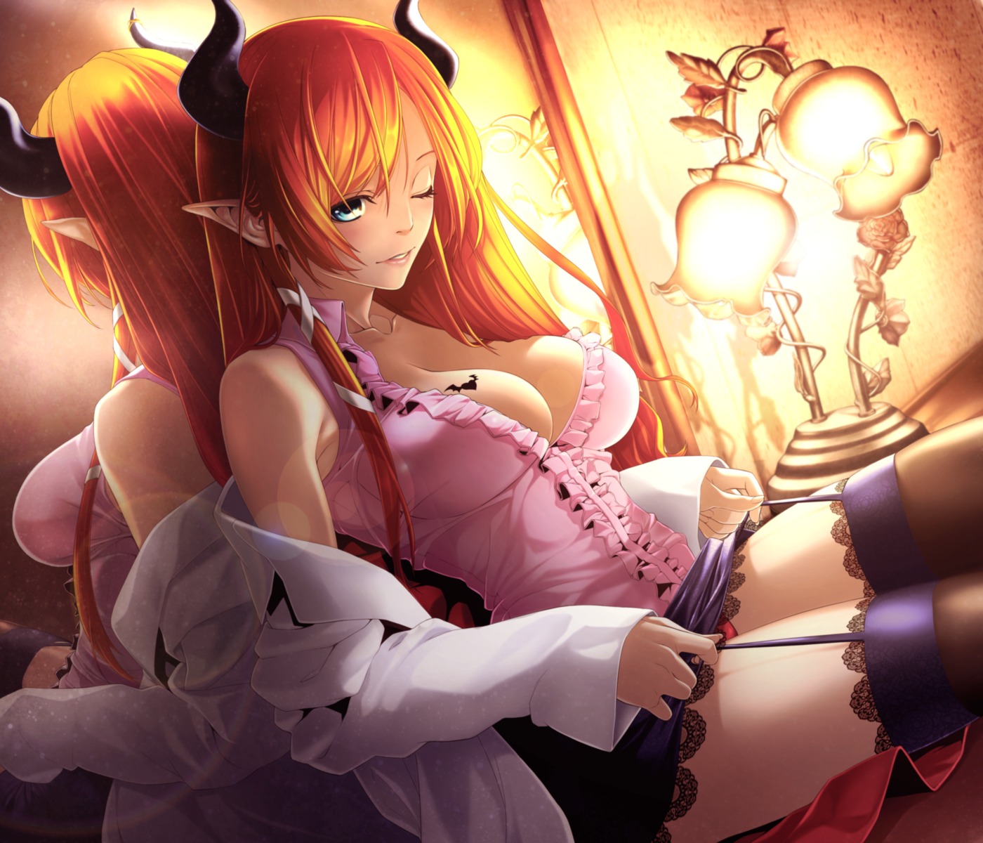 cleavage fenrir_(fenlil0316) hololive horns pantsu pointy_ears skirt_lift stockings tattoo thighhighs yuzuki_choco