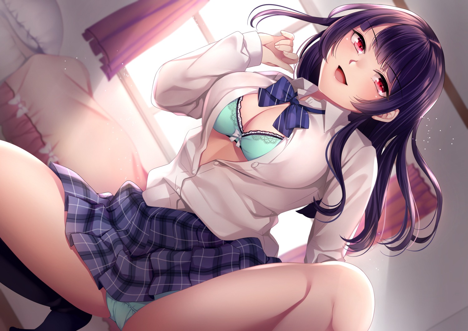 bra cleavage dopikasu-chan open_shirt pantsu seifuku skirt_lift