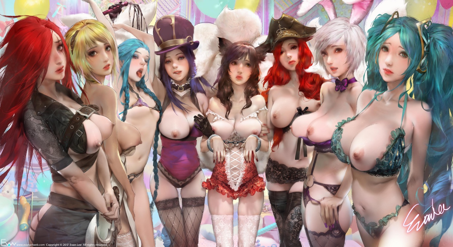 ahri animal_ears bra breasts bunny_ears caitlyn evan_lee fishnets garter_belt jinx katarina_du_couteau league_of_legends lingerie miss_fortune nipples no_bra open_shirt pantsu riven_(league_of_legends) sona_buvelle stockings tail thighhighs weapon