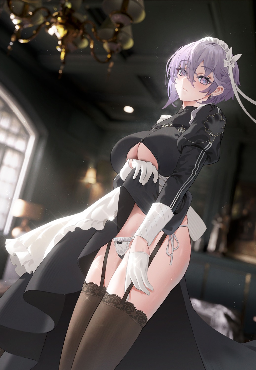 azur_lane bellona_(azur_lane) cirilla maid no_bra pantsu skirt_lift stockings string_panties thighhighs