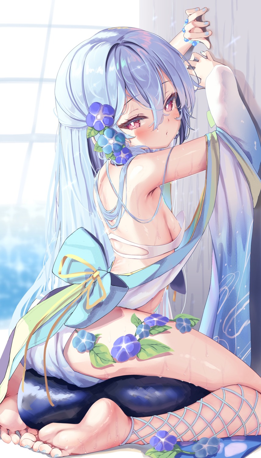 feet fishnets japanese_clothes loli no_bra nyahu_(nyahu_77) wet