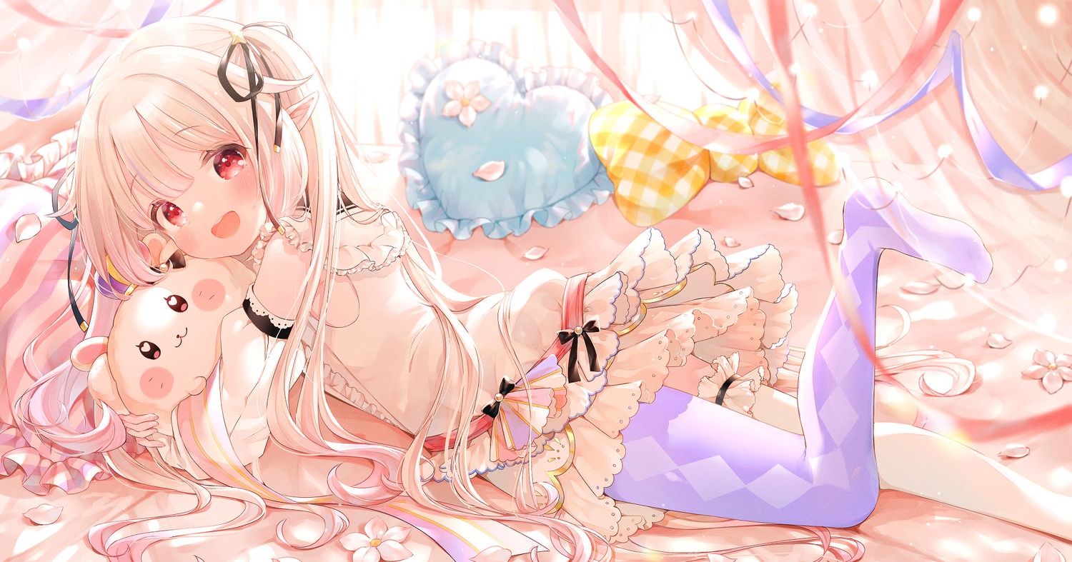 chucolala dress garter m_ydayo mashiro_kanon pointy_ears skirt_lift thighhighs