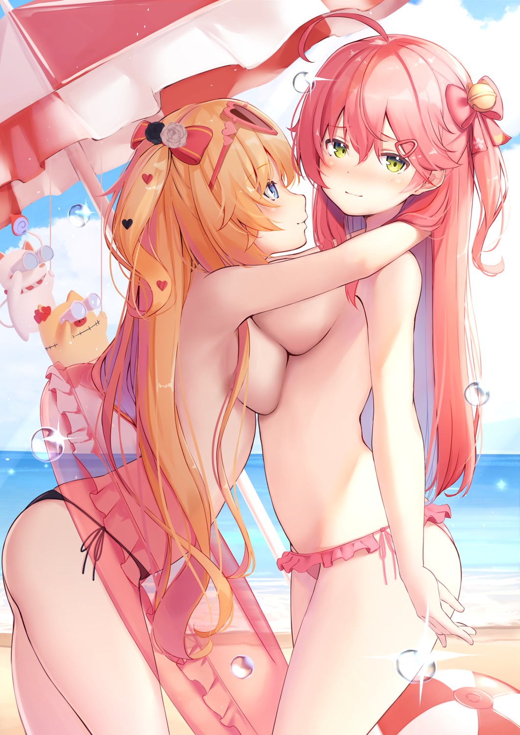 akai_haato bikini hololive megane nyan_(reinyan_007) sakura_miko swimsuits symmetrical_docking topless yuri