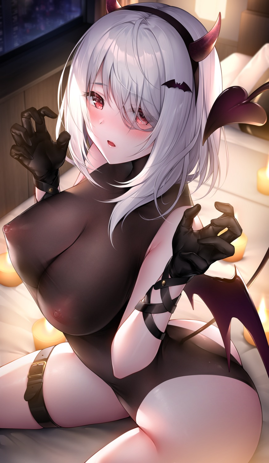 devil garter halloween horns lenne_(oyuwari) leotard nipples no_bra oyuwari see_through tail wings