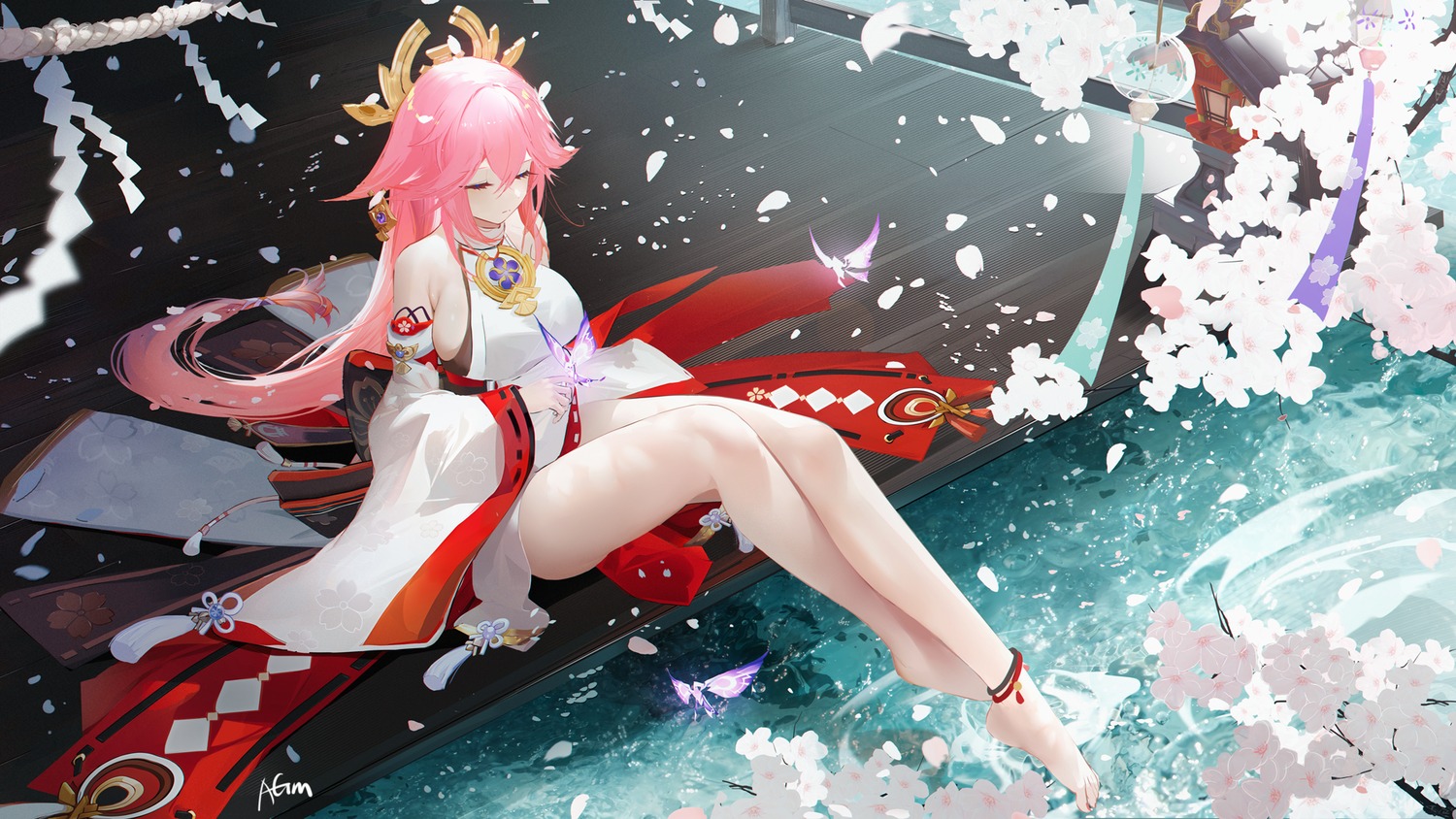 animal_ears feet genshin_impact japanese_clothes kitsune no_bra omone_hokoma_agm wallpaper yae_miko