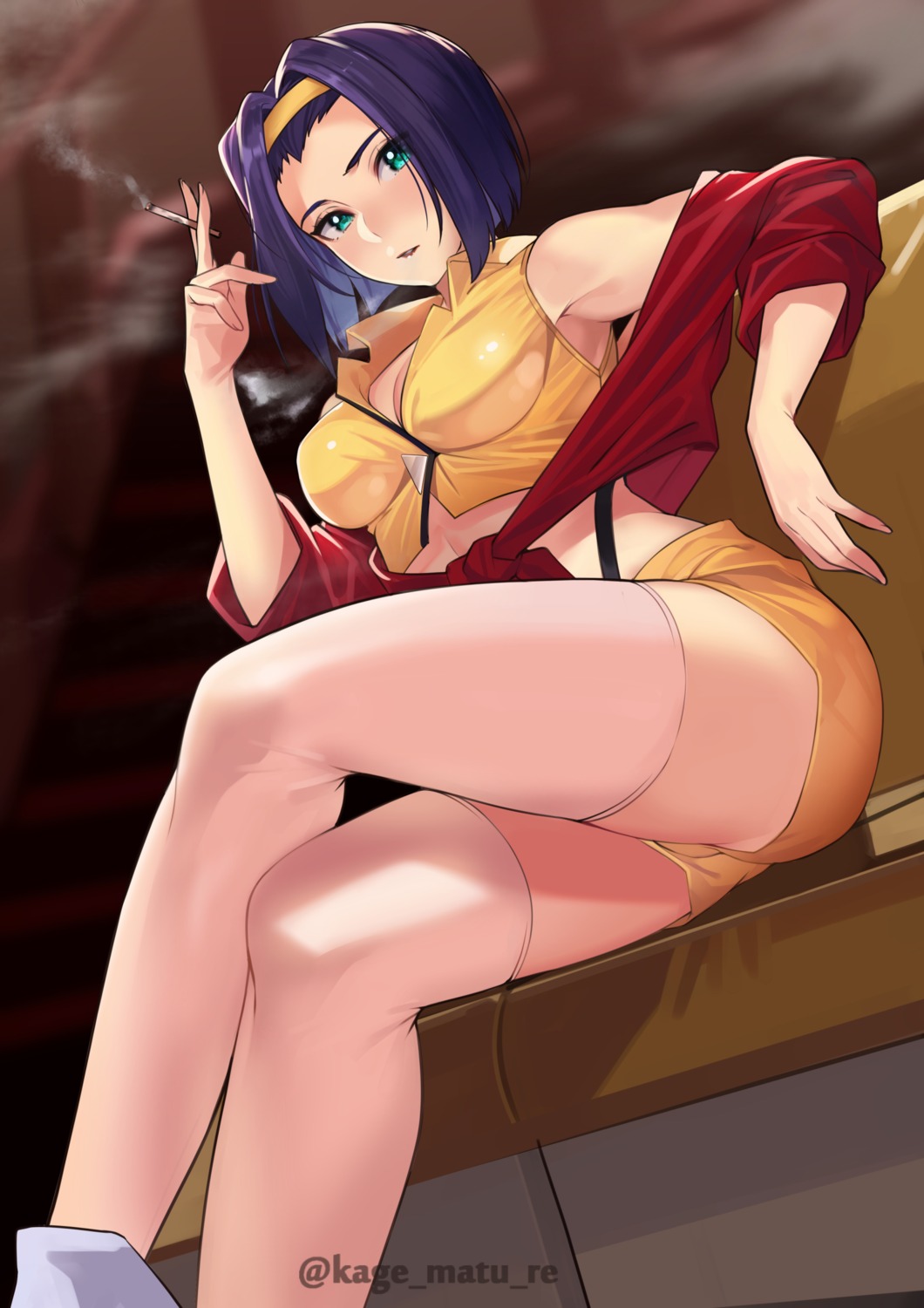 cleavage cowboy_bebop faye_valentine kagematsuri no_bra open_shirt smoking thighhighs