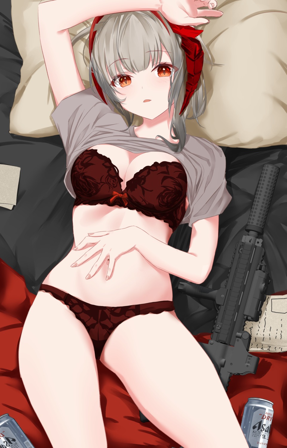 arknights bra cleavage gun horns pantsu shirt_lift vayneeeee w_(arknights)