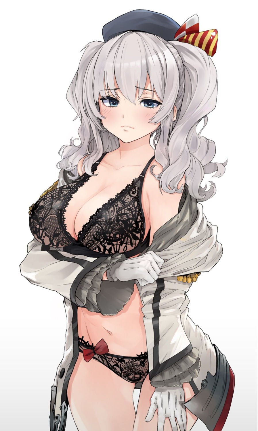 bra cleavage kantai_collection kashima_(kancolle) lingerie open_shirt pantsu see_through undressing uniform wataro