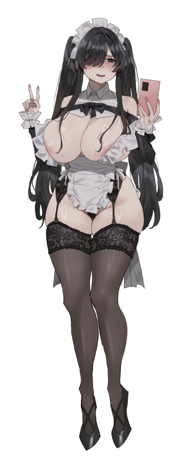 areola garter_belt maid mimyo no_bra pantsu skirt_lift stockings thighhighs