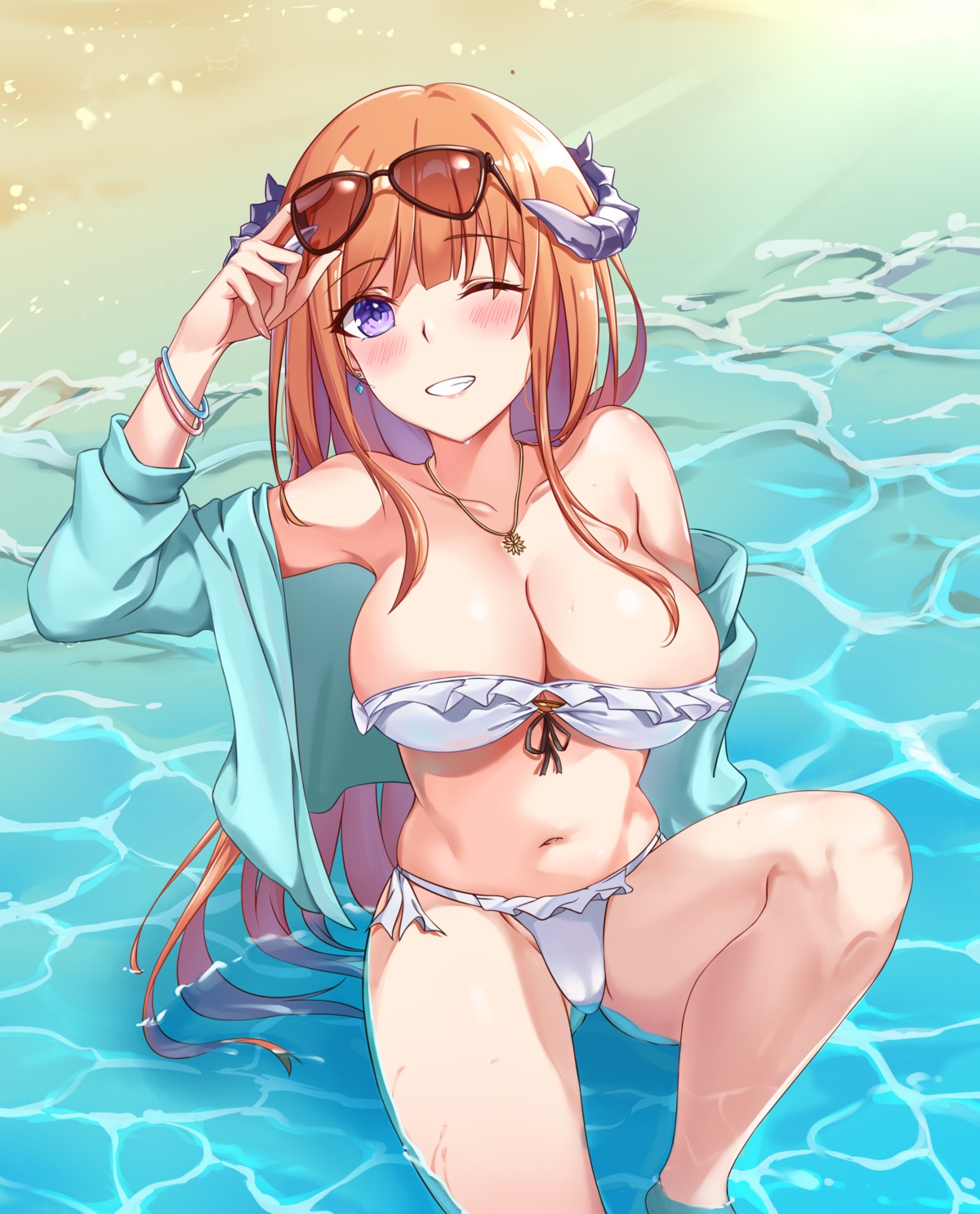 arknights bagpipe_(arknights) bikini horns megane momosawa_nao open_shirt swimsuits wet