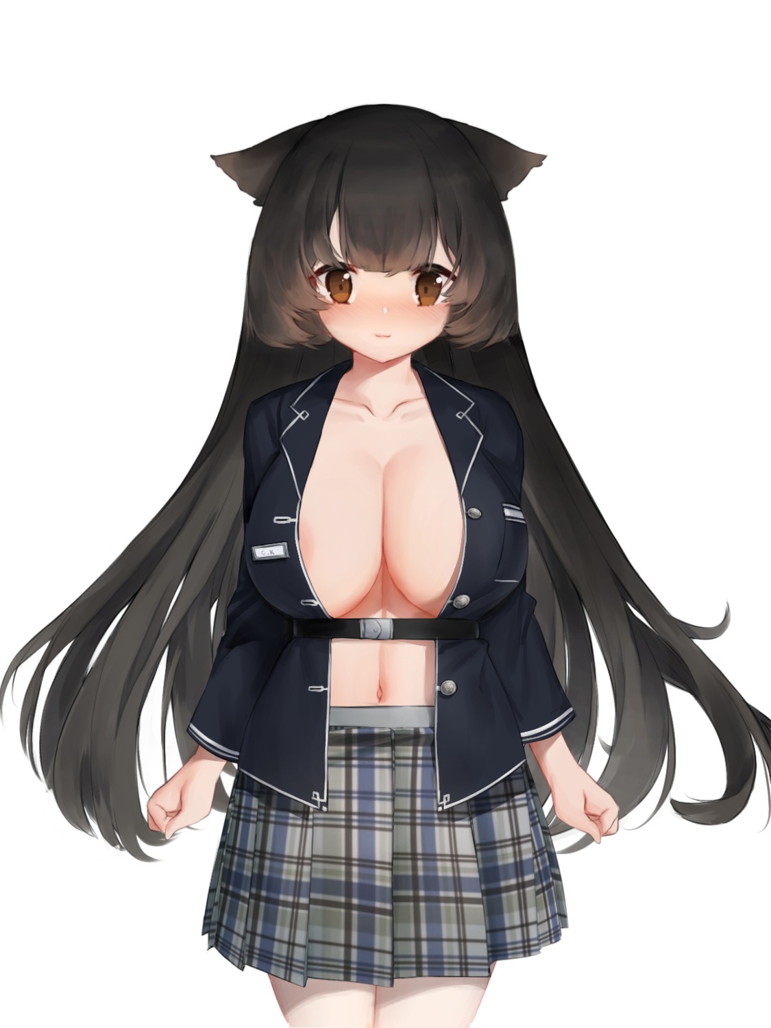 animal_ears areola nekomimi no_bra open_shirt seifuku yashemao_qishi