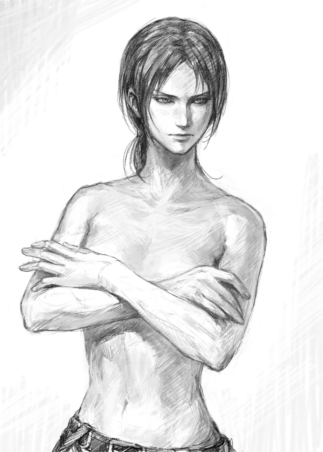 breast_hold lotus monochrome shingeki_no_kyojin sketch topless ymir_(shingeki_no_kyojin)