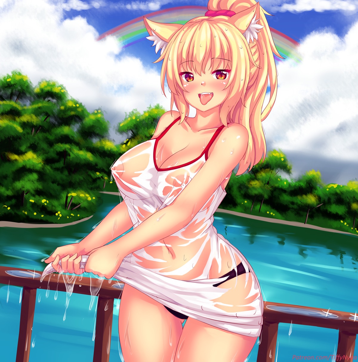 animal_ears dress fast-runner-2024 nipples no_bra pantsu see_through skirt_lift wet wet_clothes