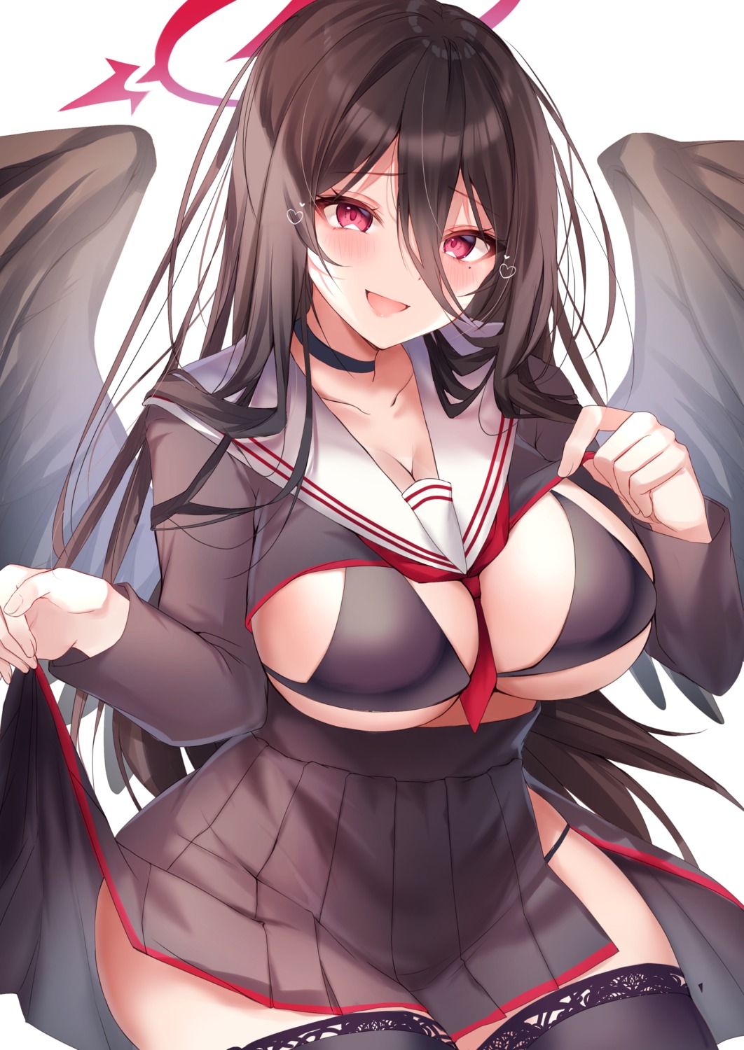 angel blue_archive bra hanekawa_hasumi nenobi_(nenorium) open_shirt pantsu seifuku skirt_lift thighhighs undressing wings