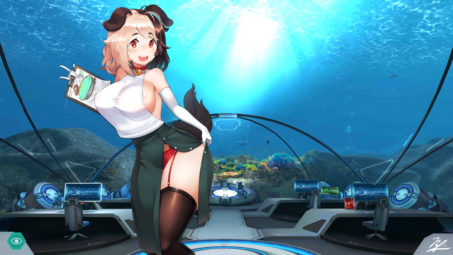 animal_ears hachiko_(last_origin) inumimi last_origin no_bra pantsu redshark skirt_lift stockings tail thighhighs