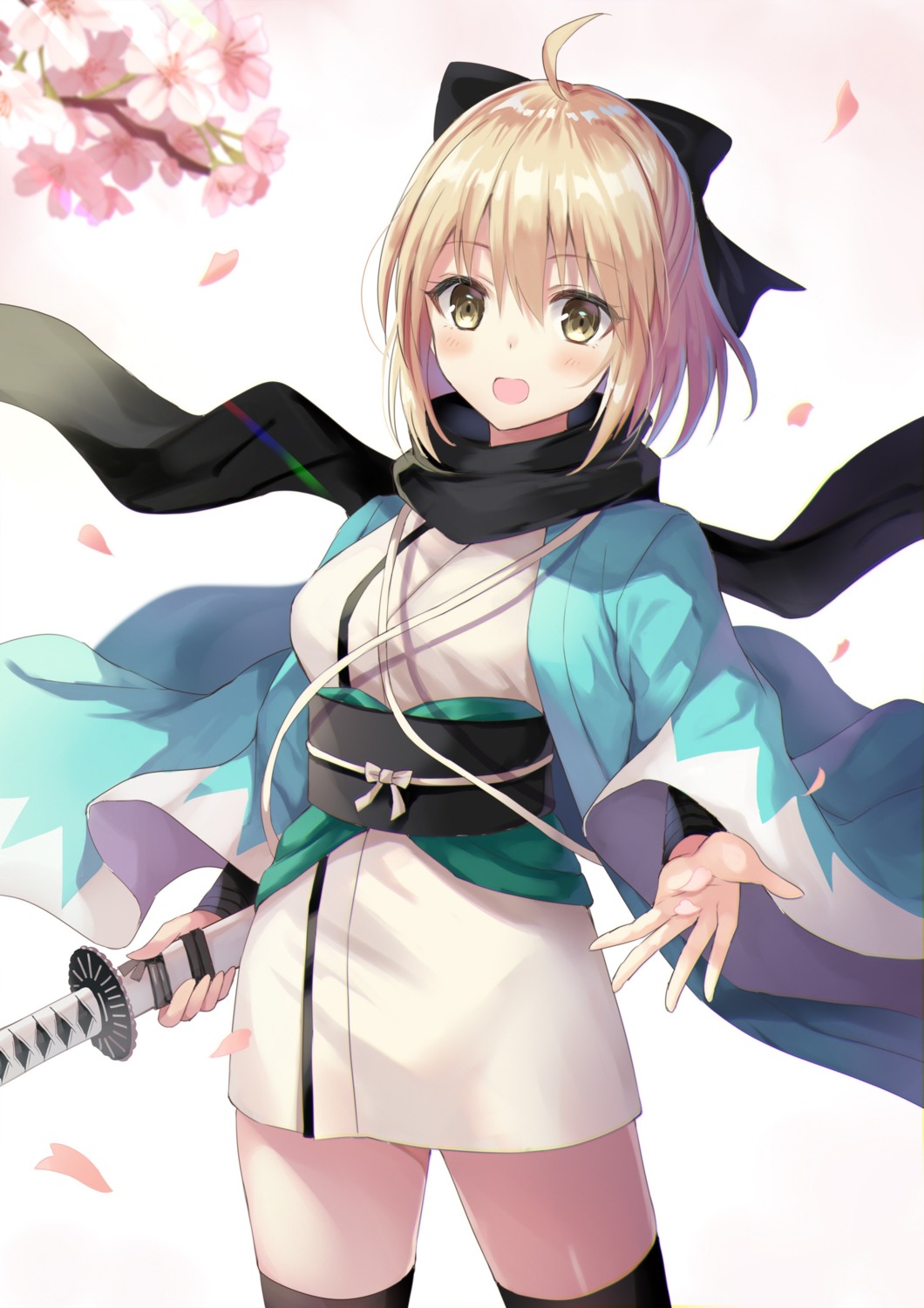 fate/grand_order harimoji japanese_clothes okita_souji_(fate) sword thighhighs