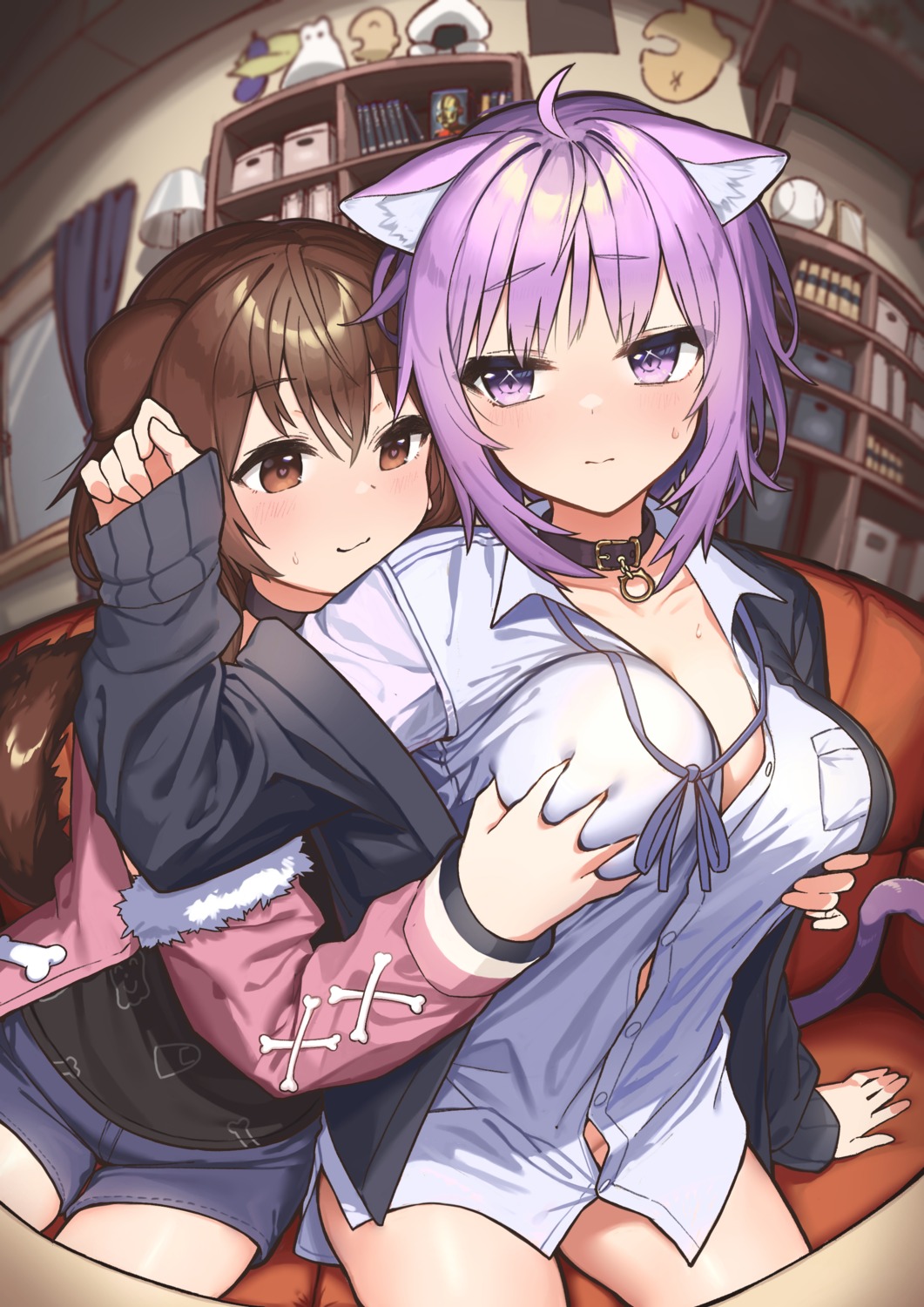 animal_ears bottomless breast_grab dress_shirt hololive hololive_gamers inugami_korone inumimi nekomata_okayu nekomimi no_bra open_shirt shirokuma_1231 sweater tail yuri