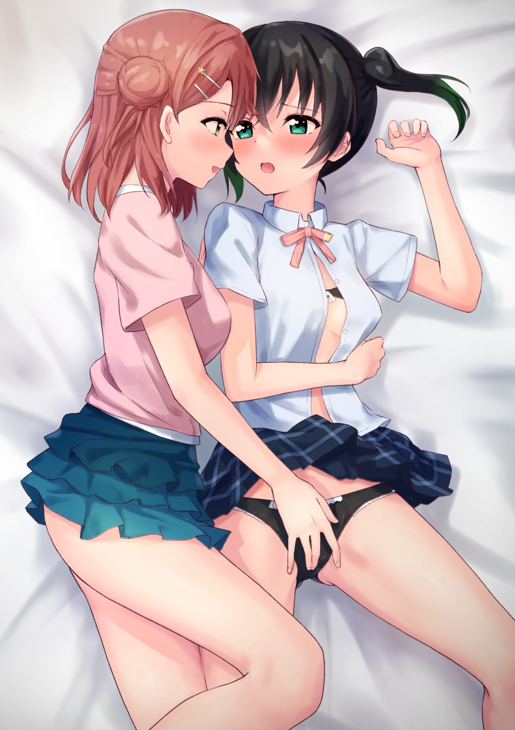 bra fingering love_live!_nijigasaki_high_school_idol_club open_shirt pantsu seifuku skirt_lift takasaki_yuu toyasu_aina uehara_ayumu yuri