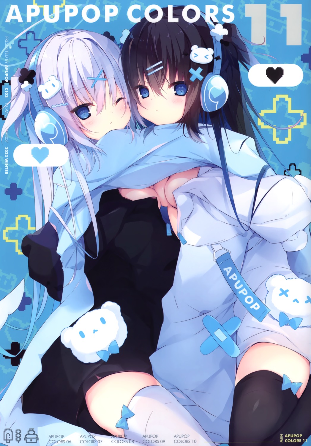 aisu_mint apupop bandaid breasts halo headphones loli muku_(apupop) no_bra open_shirt symmetrical_docking thighhighs wings