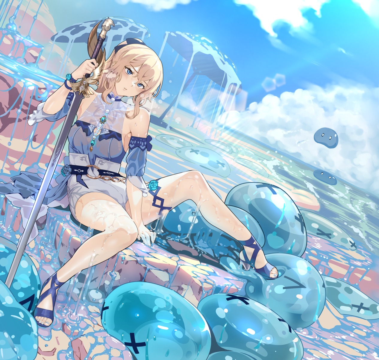 garter genshin_impact heels jean_(genshin_impact) see_through sword uv20 wet wet_clothes