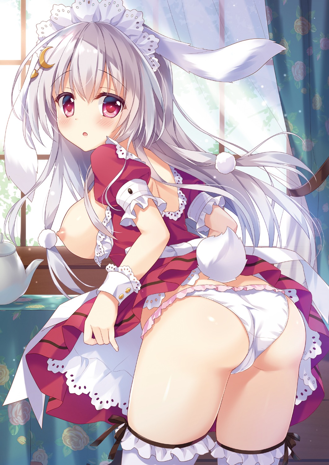 ameto_yuki animal_ears ass blanc_(ameto_yuki) breasts bunny_ears cameltoe detexted maid melonbooks nipples no_bra open_shirt pantsu photoshop skirt_lift tail thighhighs